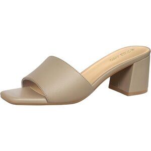 Women's Low Chunky Block Square Open Toe Tan Heeled Sandal Slip on Mules Shoes